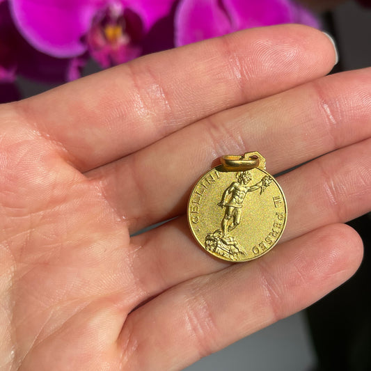 14KT Yellow Gold Matte Perseus + Medusa Head Medal Pendant 21mm
