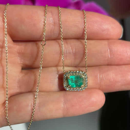 14KT Yellow Gold and Diamond Halo Faceted Emerald Pendant Necklace