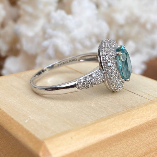 Estate 14KT White Gold Large Oval-Cut Blue Topaz + Pave Diamond Halo Ring