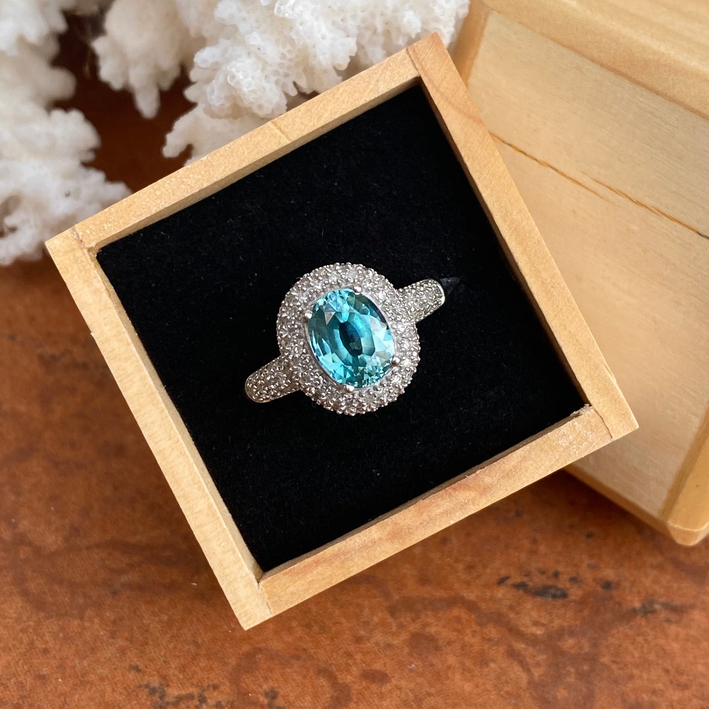 Estate 14KT White Gold Large Oval-Cut Blue Topaz + Pave Diamond Halo Ring