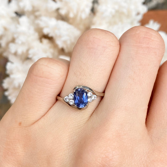 Estate 10KT White Gold Oval 1.25 CT Lab Ceylon Blue Sapphire + White Sapphire Ring