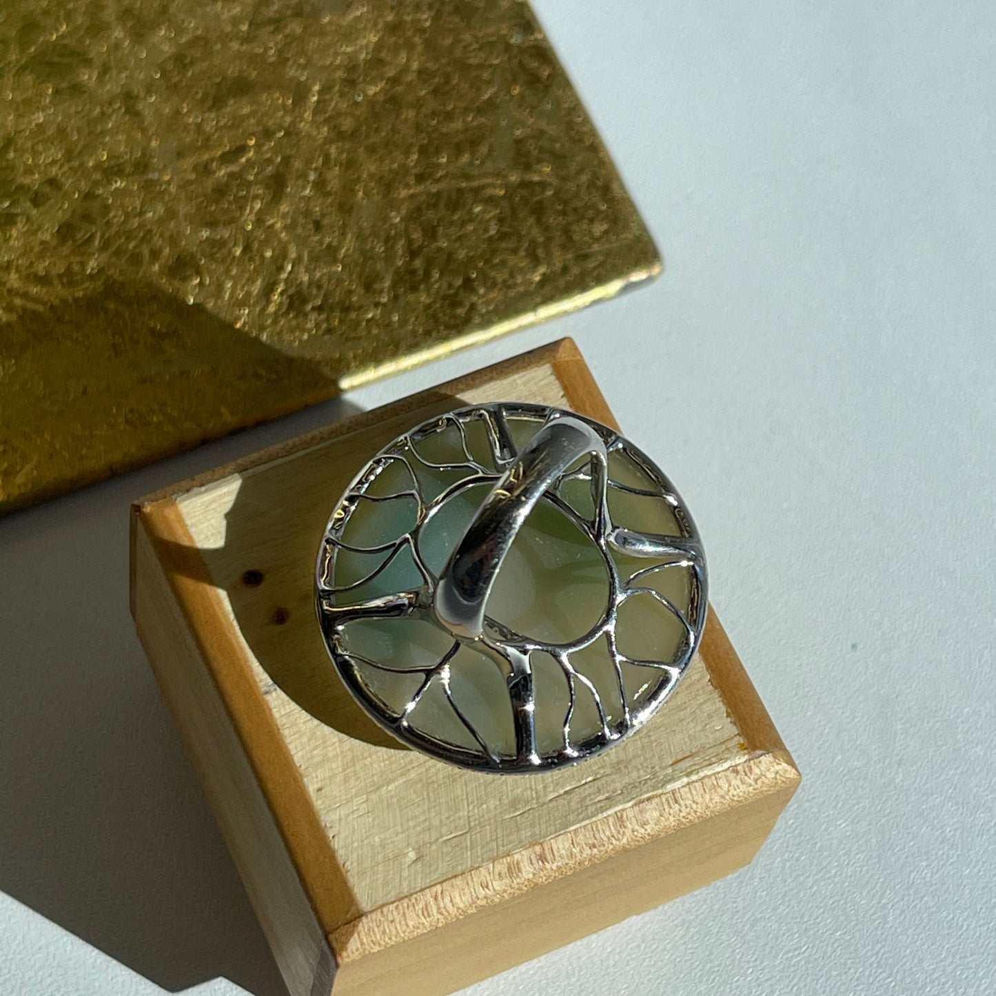 18KT White Gold Round Green Agate Geode Druzy Diamond Halo Ring