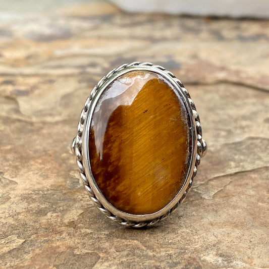 Sterling Silver Antiqued Oval Tiger Eye Cocktail Ring, Sterling Silver Antiqued Oval Tiger Eye Cocktail Ring - Legacy Saint Jewelry