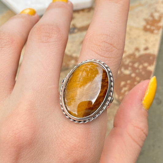 Sterling Silver Antiqued Oval Tiger Eye Cocktail Ring, Sterling Silver Antiqued Oval Tiger Eye Cocktail Ring - Legacy Saint Jewelry