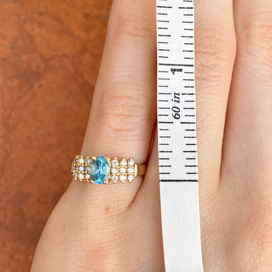 Estate 14KT Yellow Gold Oval Blue Topaz + 1/4 CT Diamond Accent Ring