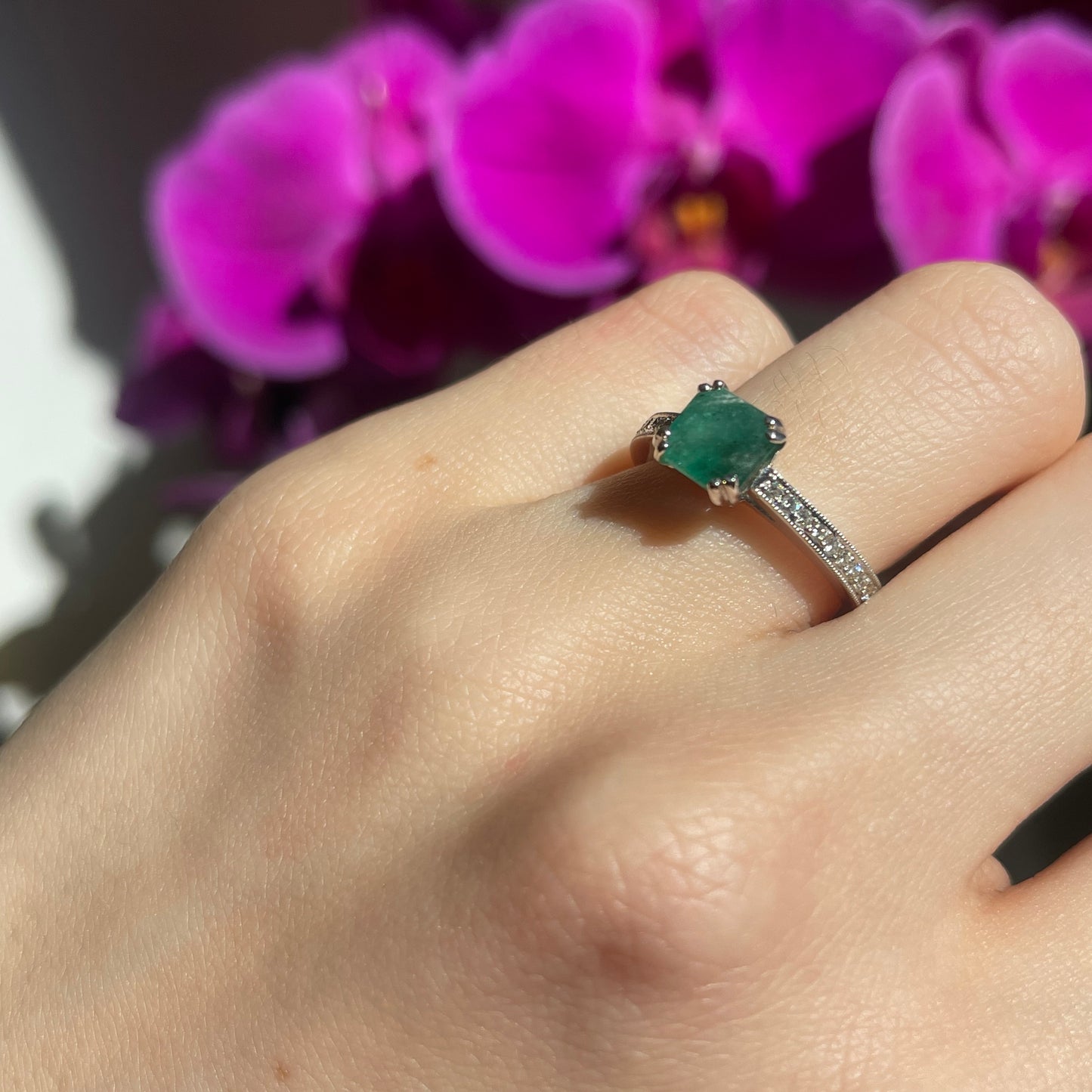 Estate 14KT White Gold Square-Cut Emerald + Pave Diamond Band Ring