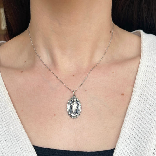 Sterling Silver Antiqued Miraculous Medal Oval Pendant 30mm