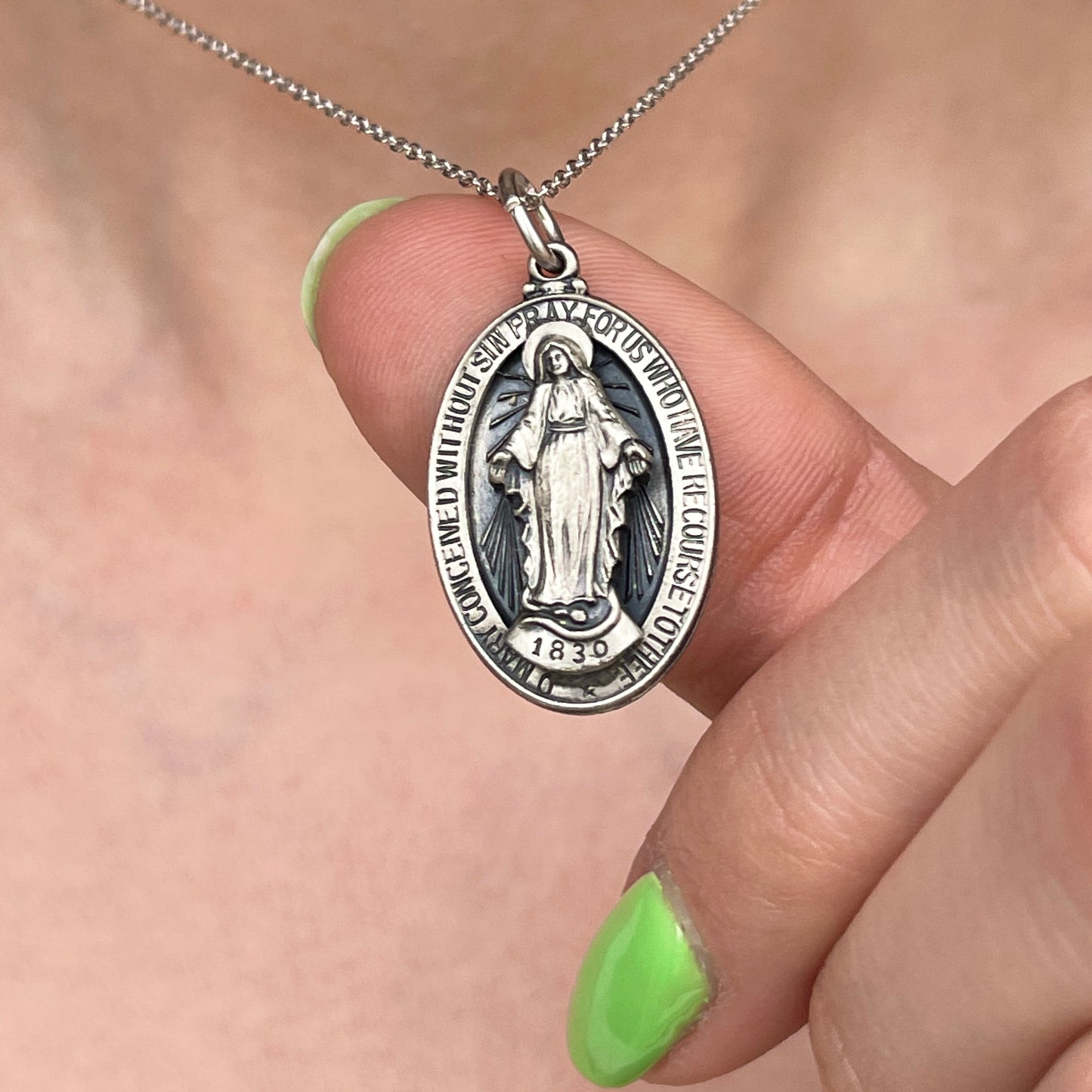 Sterling Silver Antiqued Miraculous Medal Oval Pendant 30mm