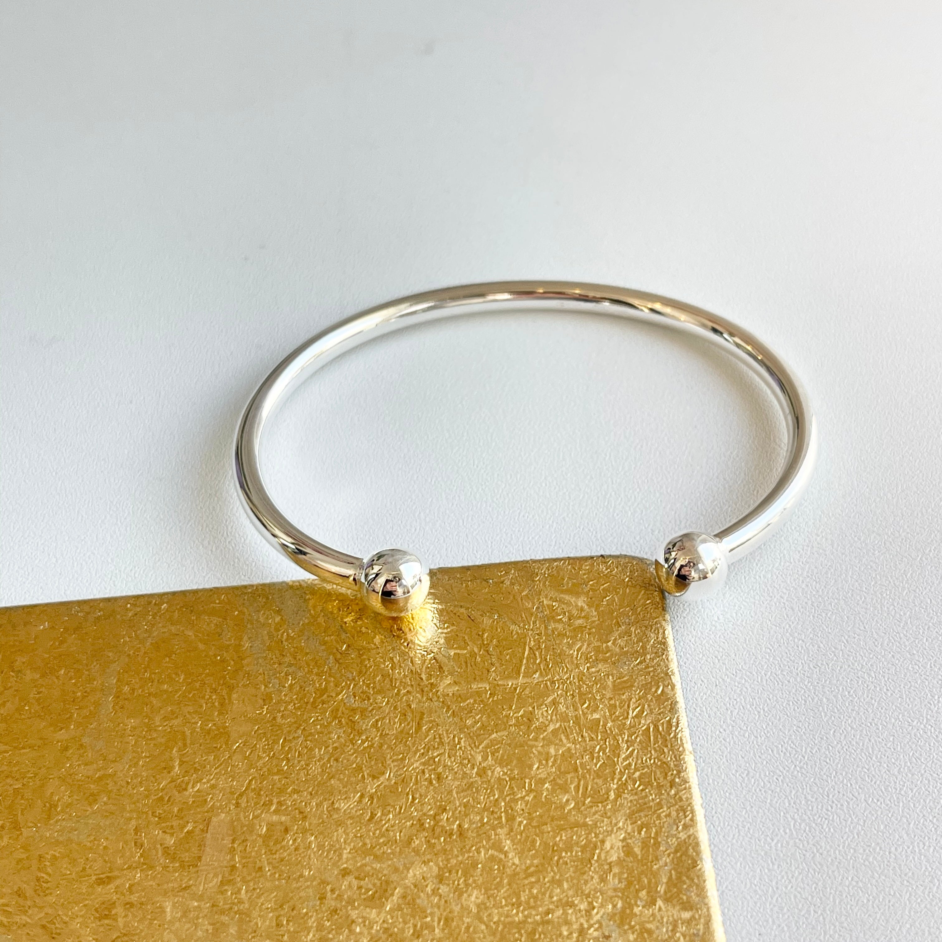 Sterling Silver Ball End Cap Open Cuff Bangle Bracelet