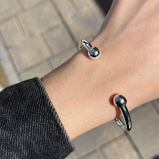 Sterling Silver Ball End Cap Open Cuff Bangle Bracelet