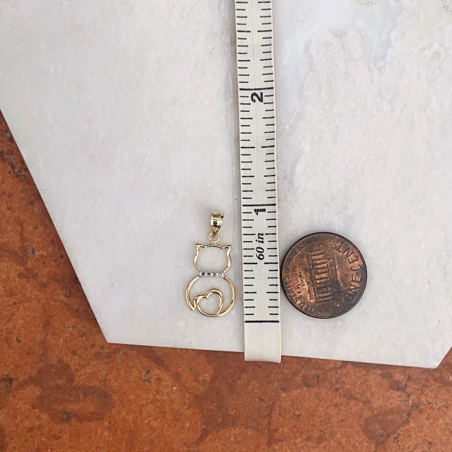 14KT Yellow Gold Diamond-Cut Cat + Heart Outline Pendant