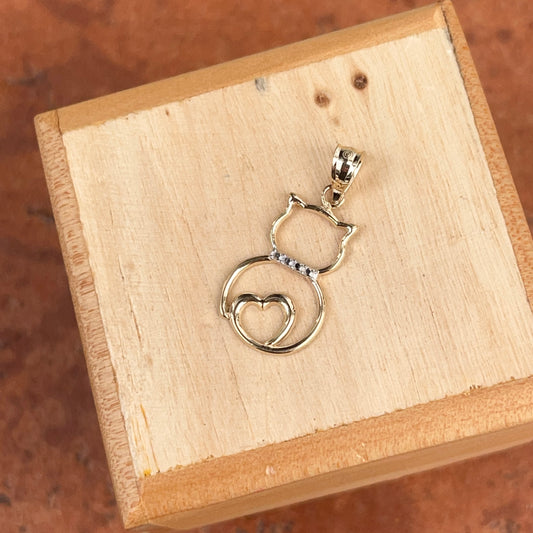 14KT Yellow Gold Diamond-Cut Cat + Heart Outline Pendant