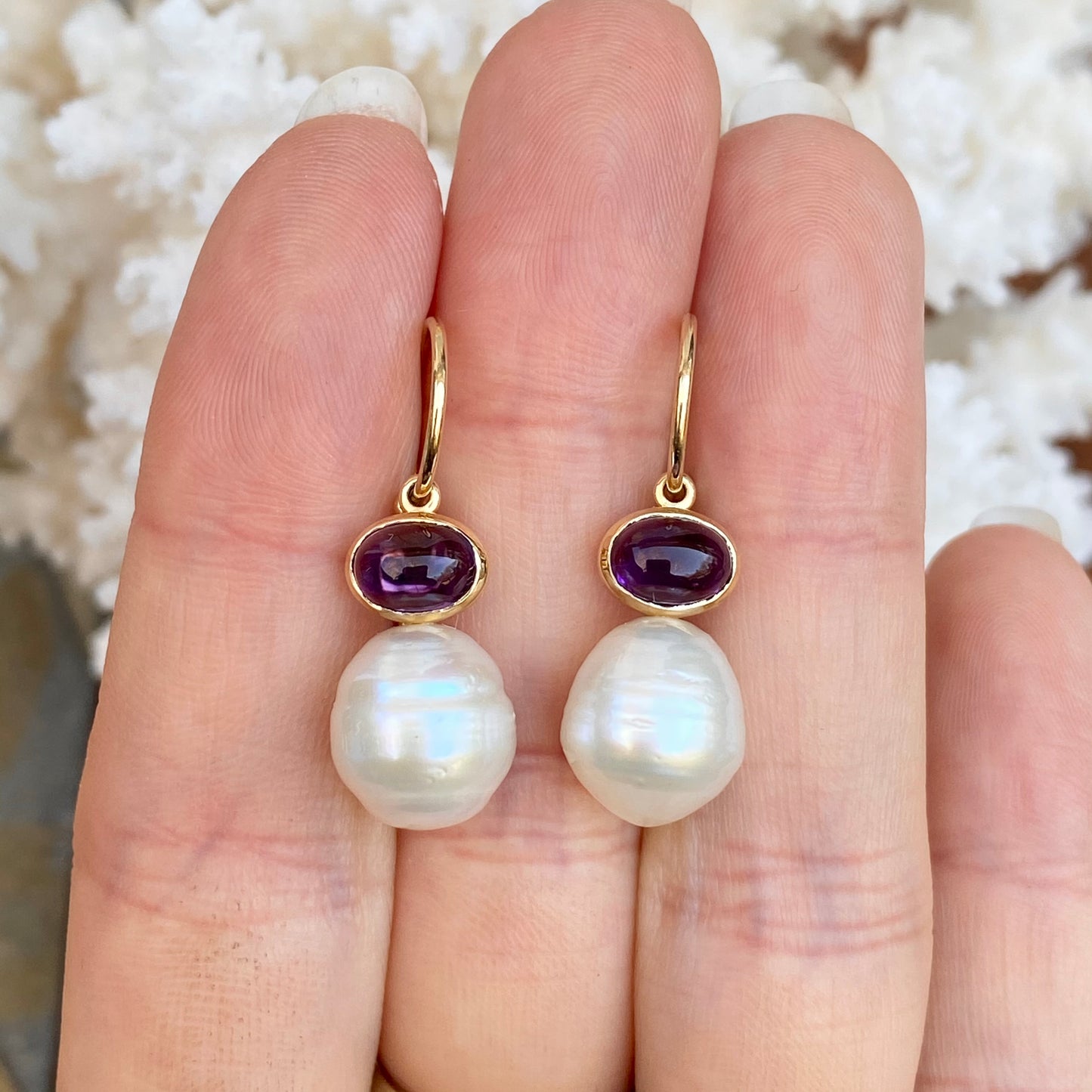 14KT Yellow Gold Amethyst + 10mm Paspaley South Sea Pearl Shepherd Hook Earrings