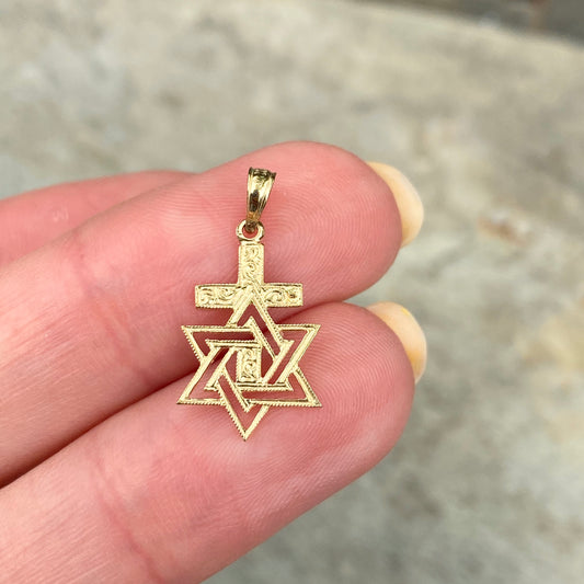 14KT Yellow Gold Engraved Star of David Cross Pendant Charm, 14KT Yellow Gold Engraved Star of David Cross Pendant Charm - Legacy Saint Jewelry