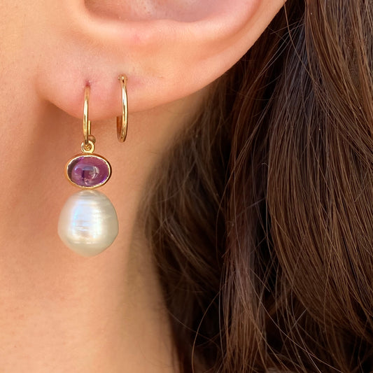 14KT Yellow Gold Amethyst + 10mm Paspaley South Sea Pearl Shepherd Hook Earrings