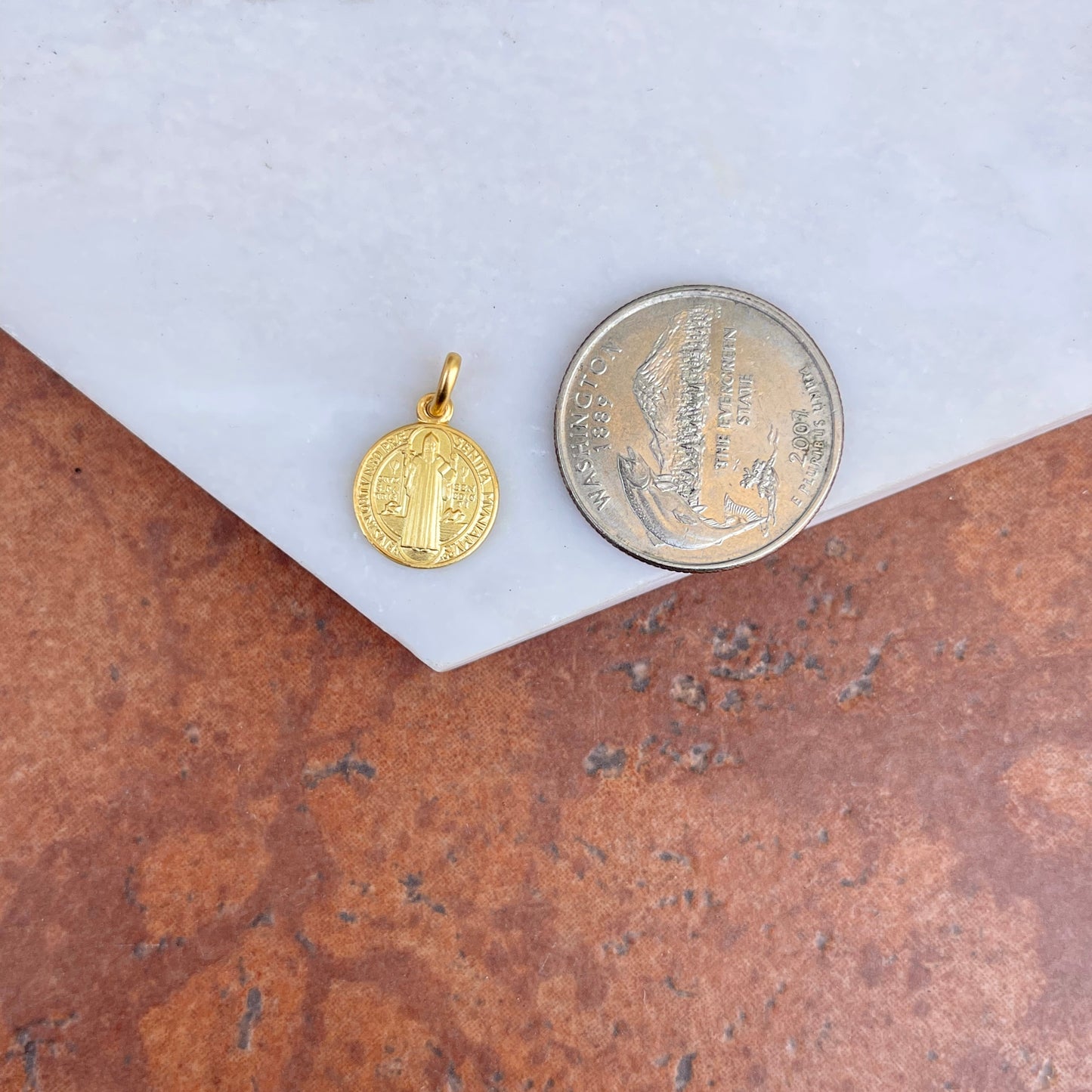 14KT Yellow Gold Matte St Benedict Round Medal Pendant Charm 12mm