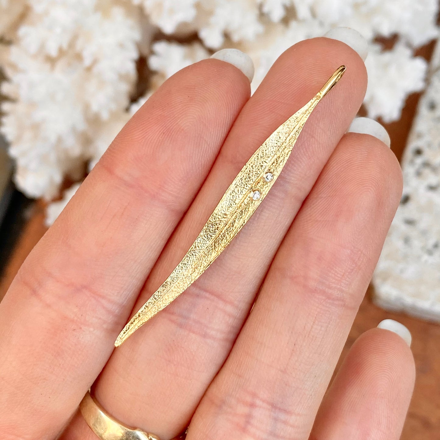 14KT Yellow Gold Gypsy Set Diamond Leaf Pendant Charm