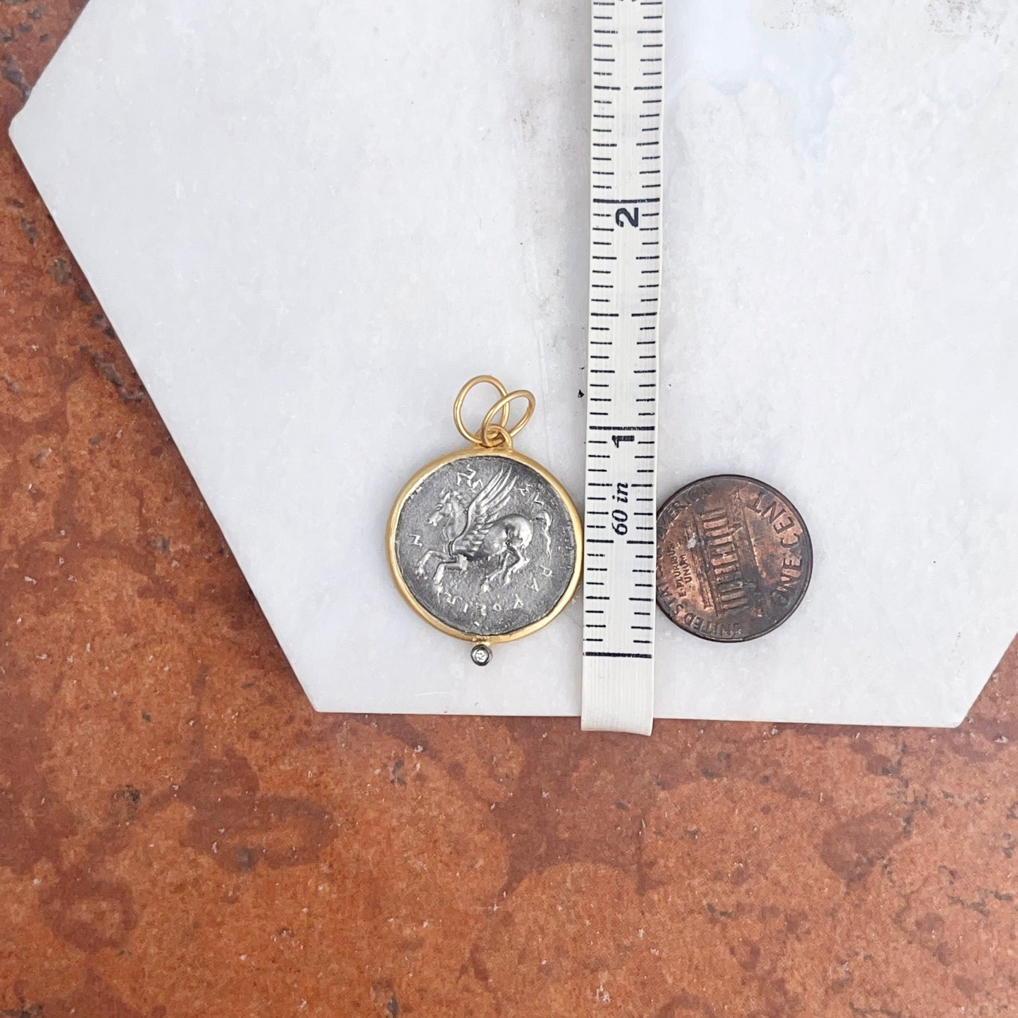 24KT Yellow Gold Infused + Sterling Silver Horse Warrior Diamond Coin Pendant