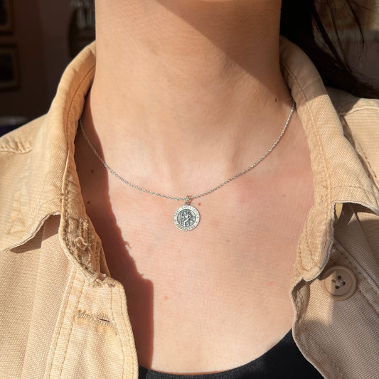 Sterling Silver St Christopher Antiqued Round Medal Pendant 15mm