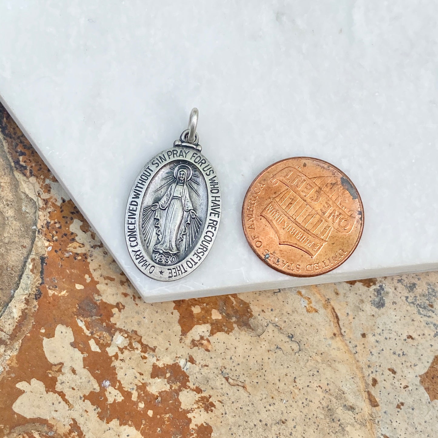 Sterling Silver Antiqued Miraculous Medal Oval Pendant 28mm, Sterling Silver Antiqued Miraculous Medal Oval Pendant 28mm - Legacy Saint Jewelry