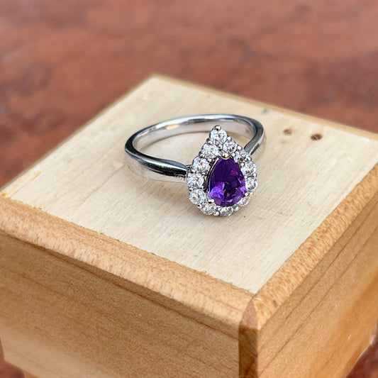 Estate 14KT White Gold Pear Purple Amethyst + Diamond Halo Ring