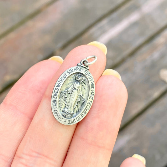 Sterling Silver Antiqued Miraculous Medal Oval Pendant 28mm, Sterling Silver Antiqued Miraculous Medal Oval Pendant 28mm - Legacy Saint Jewelry