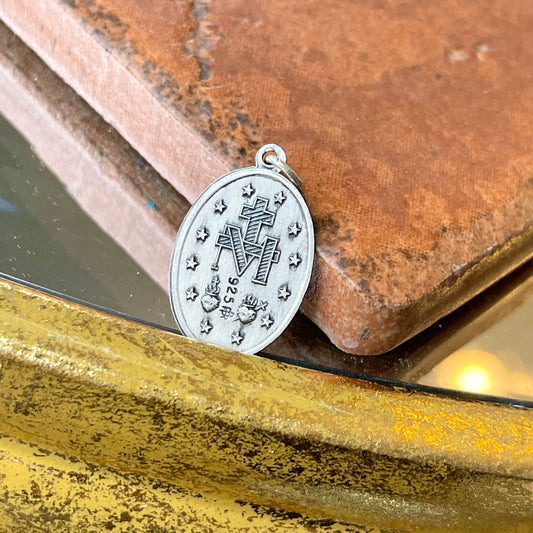 Sterling Silver Antiqued Miraculous Medal Oval Pendant 23mm