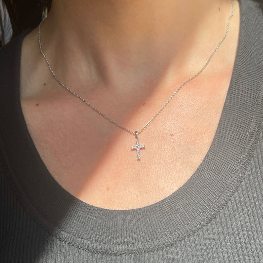14KT White Gold Diamond .10 CT Latin Mini Cross Pendant Charm