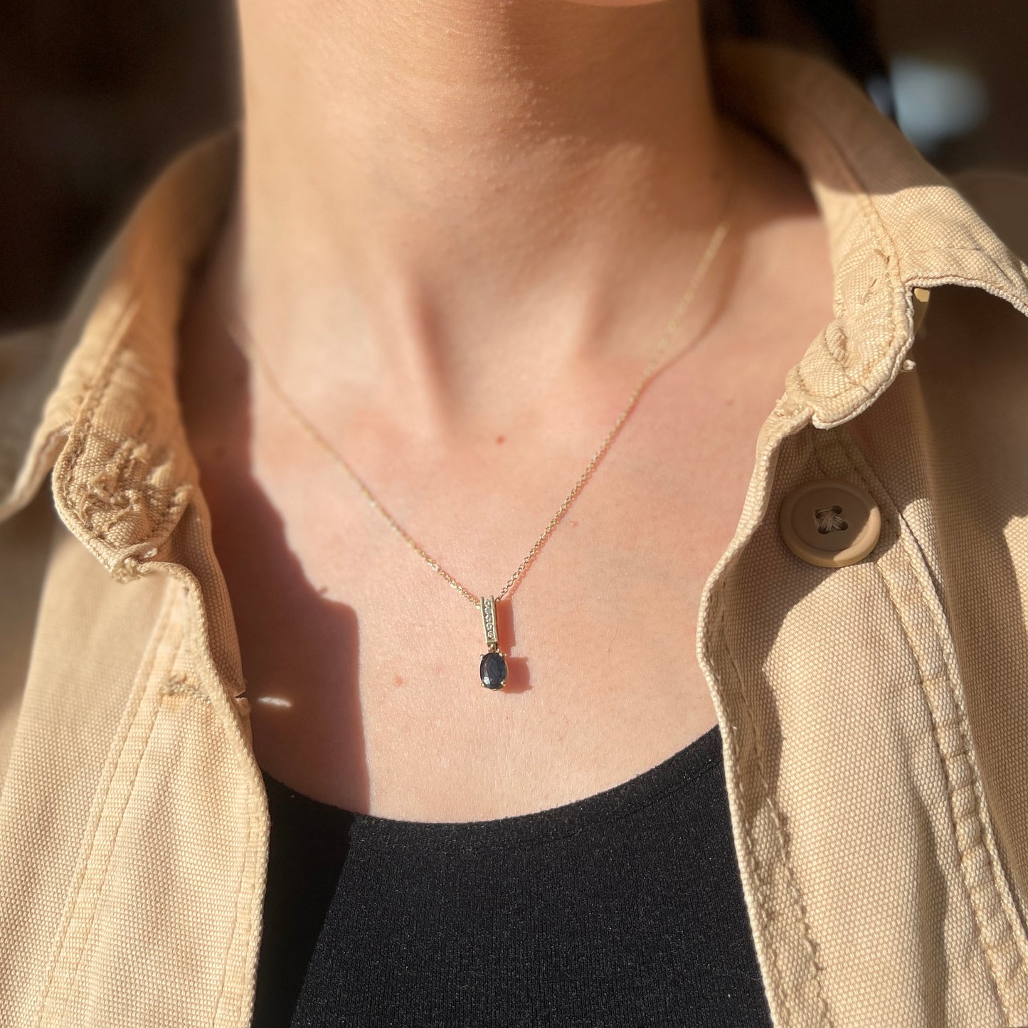 14KT Yellow Gold Oval Blue Sapphire + Round Diamond Pendant