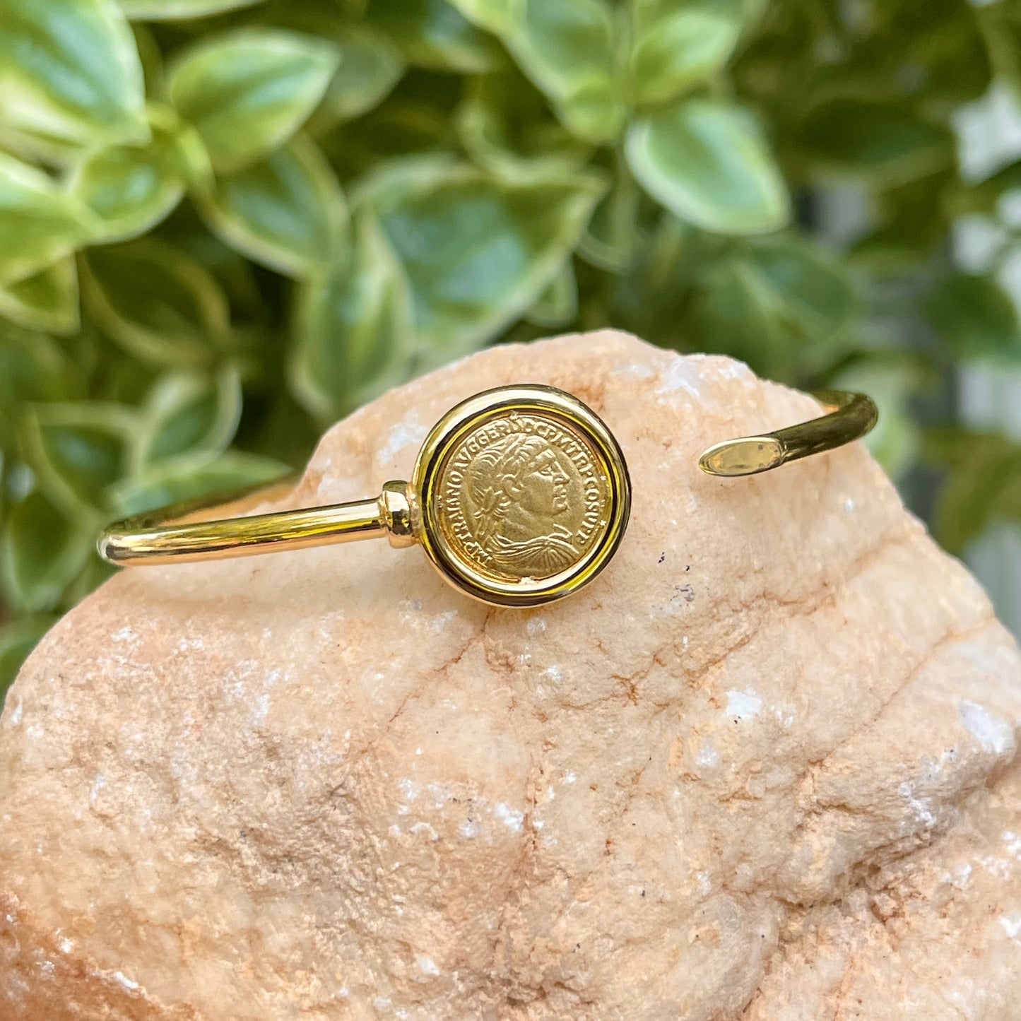 14KT Yellow Gold Matte Replica Roman Coin Open Bangle Bracelet
