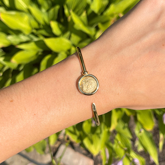 14KT Yellow Gold Matte Replica Roman Coin Open Bangle Bracelet