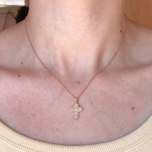 14KT Rose Gold Floral Raised Patterned Cross Pendant, 14KT Rose Gold Floral Raised Patterned Cross Pendant - Legacy Saint Jewelry