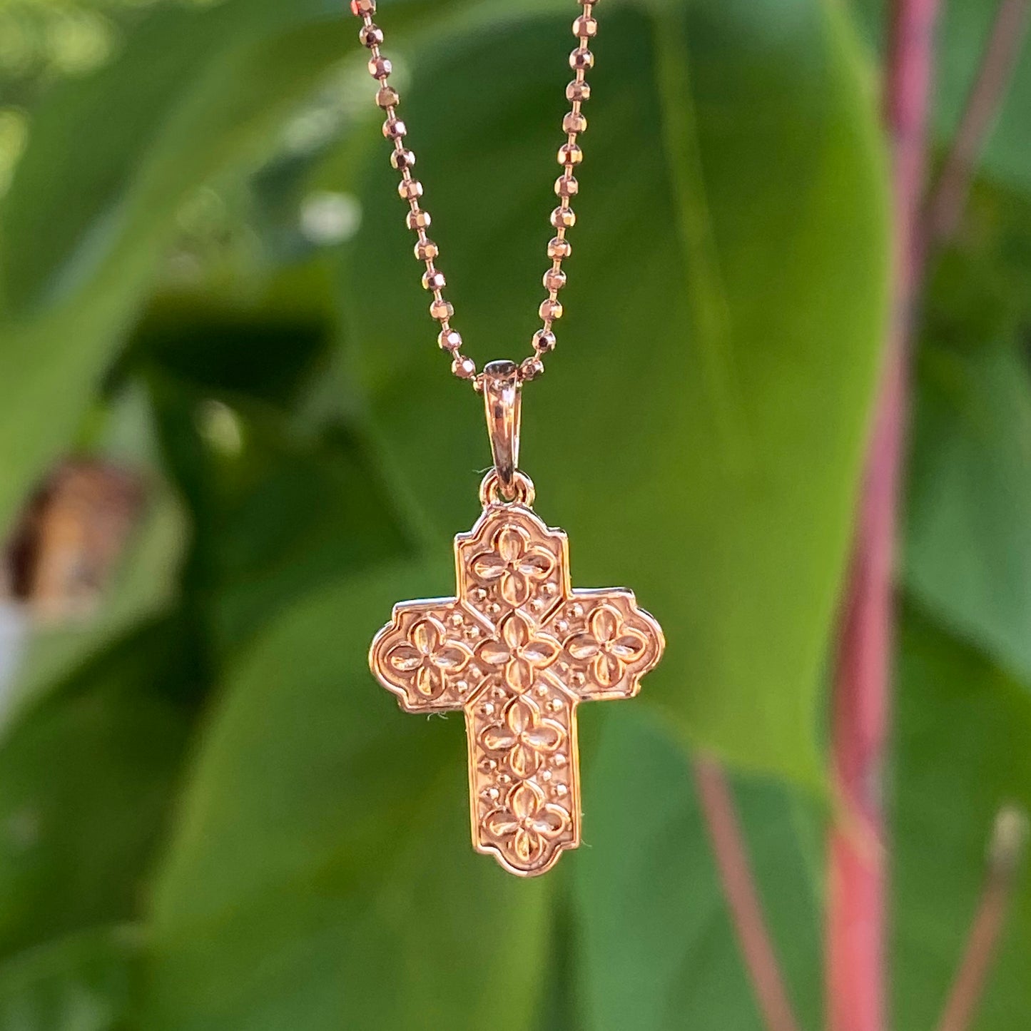 14KT Rose Gold Floral Raised Patterned Cross Pendant, 14KT Rose Gold Floral Raised Patterned Cross Pendant - Legacy Saint Jewelry