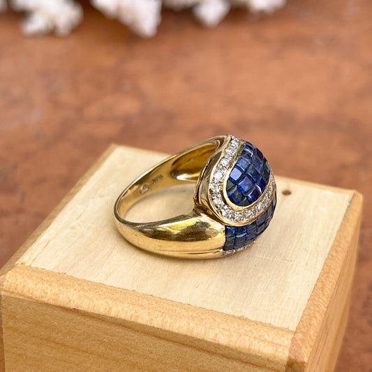 Estate 18KT Yellow Gold Princess-Cut Blue Sapphire + Pave Diamond Swirl Ring