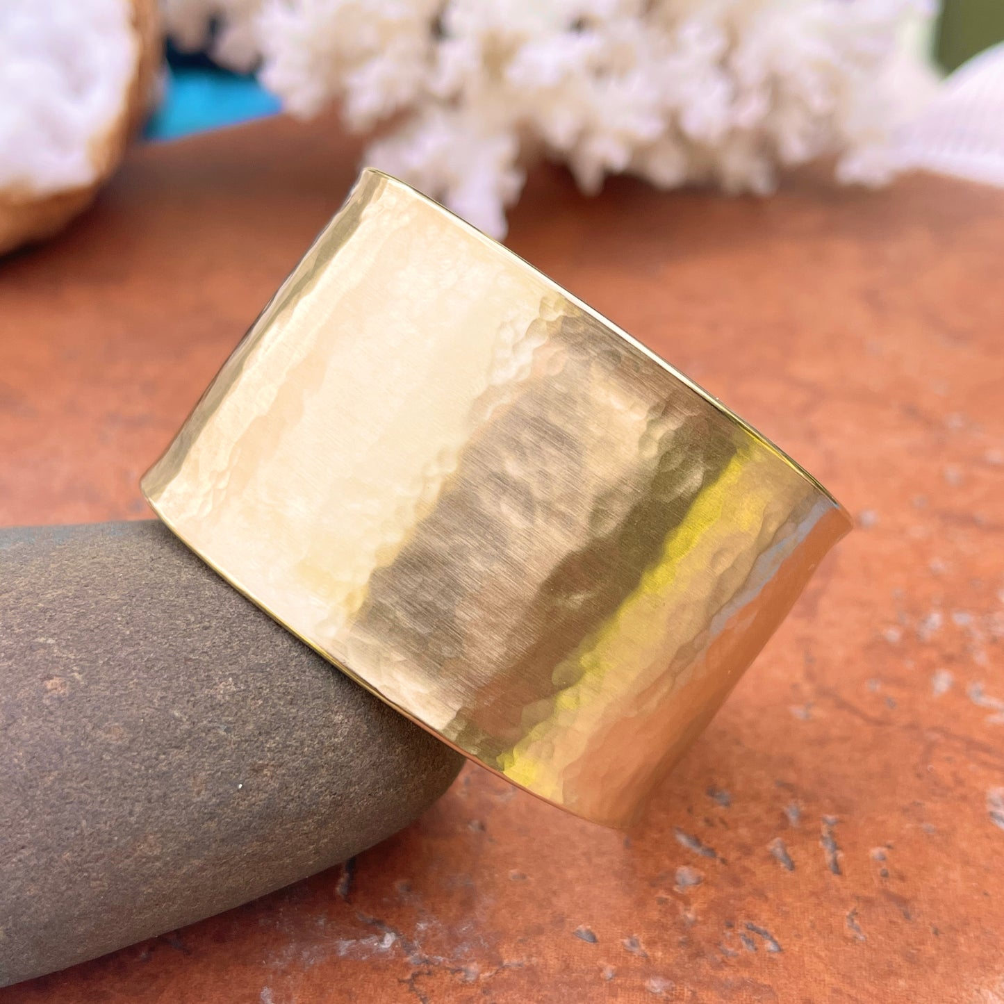 14KT Yellow Gold Hammered Wide Cuff Bracelet 37mm