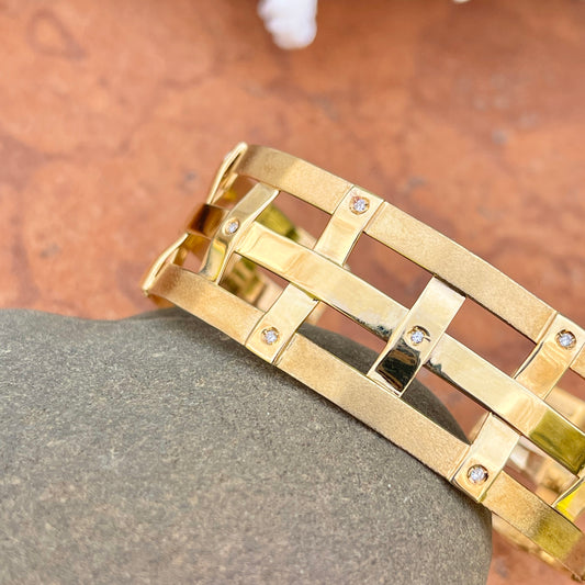 Estate 14KT Yellow Gold Matte Mid Century Scattered Diamond Cuff Bracelet