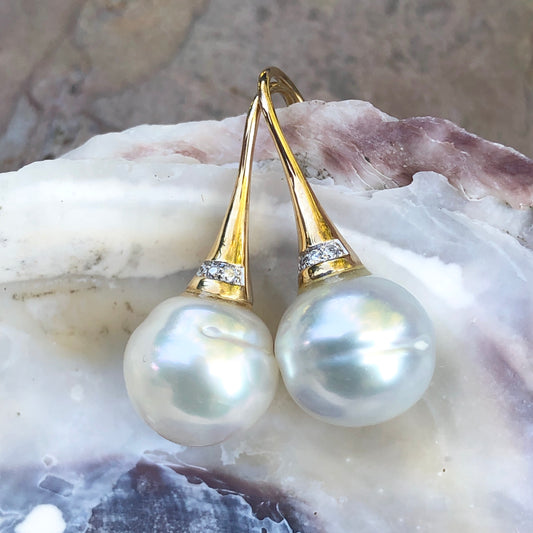 14KT Yellow Gold Pave Diamond + Paspaley Pearl Drop Earrings, 14KT Yellow Gold Pave Diamond + Paspaley Pearl Drop Earrings - Legacy Saint Jewelry