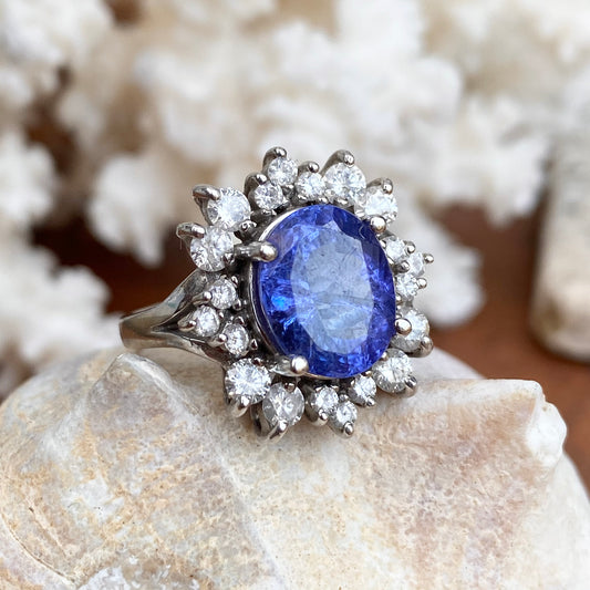 Estate 14KT White Gold Oval 4.5 CT Violet Tanzanite + Halo Diamond Ring