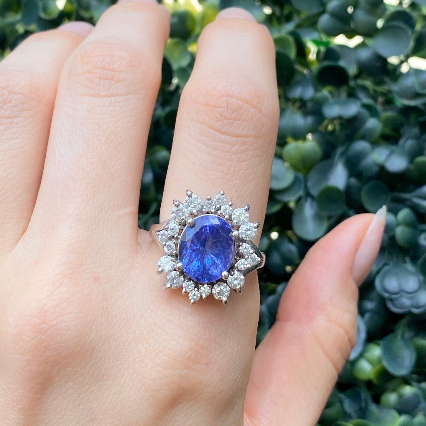 Estate 14KT White Gold Oval 4.5 CT Violet Tanzanite + Halo Diamond Ring