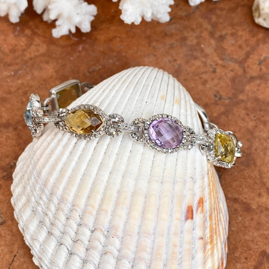 Estate 14KT White Gold Halo Amethyst, Quartz, + Blue Topaz Gemstone Link Bracelet