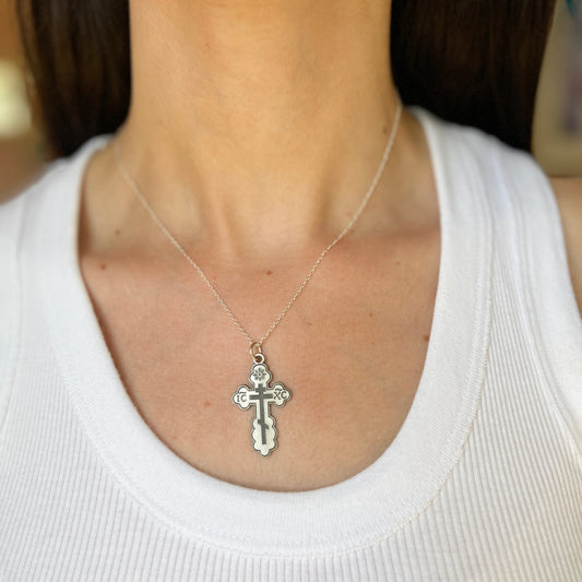 Sterling Silver Satin Eastern Orthodox Cross Pendant 27mm