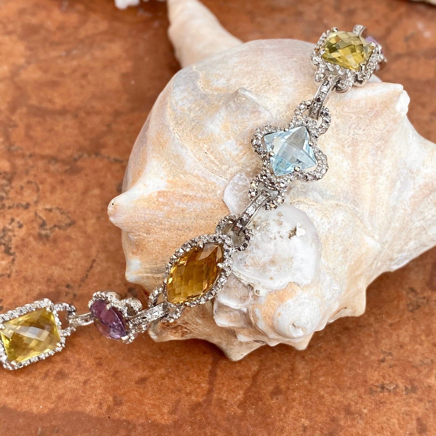 Estate 14KT White Gold Halo Amethyst, Quartz, + Blue Topaz Gemstone Link Bracelet