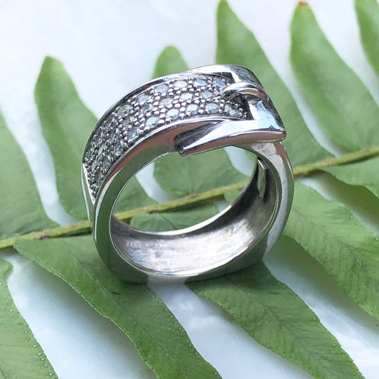 Estate 14KT White Gold + Pave Diamond Belt Buckle Cigar Band Ring - Legacy Saint Jewelry