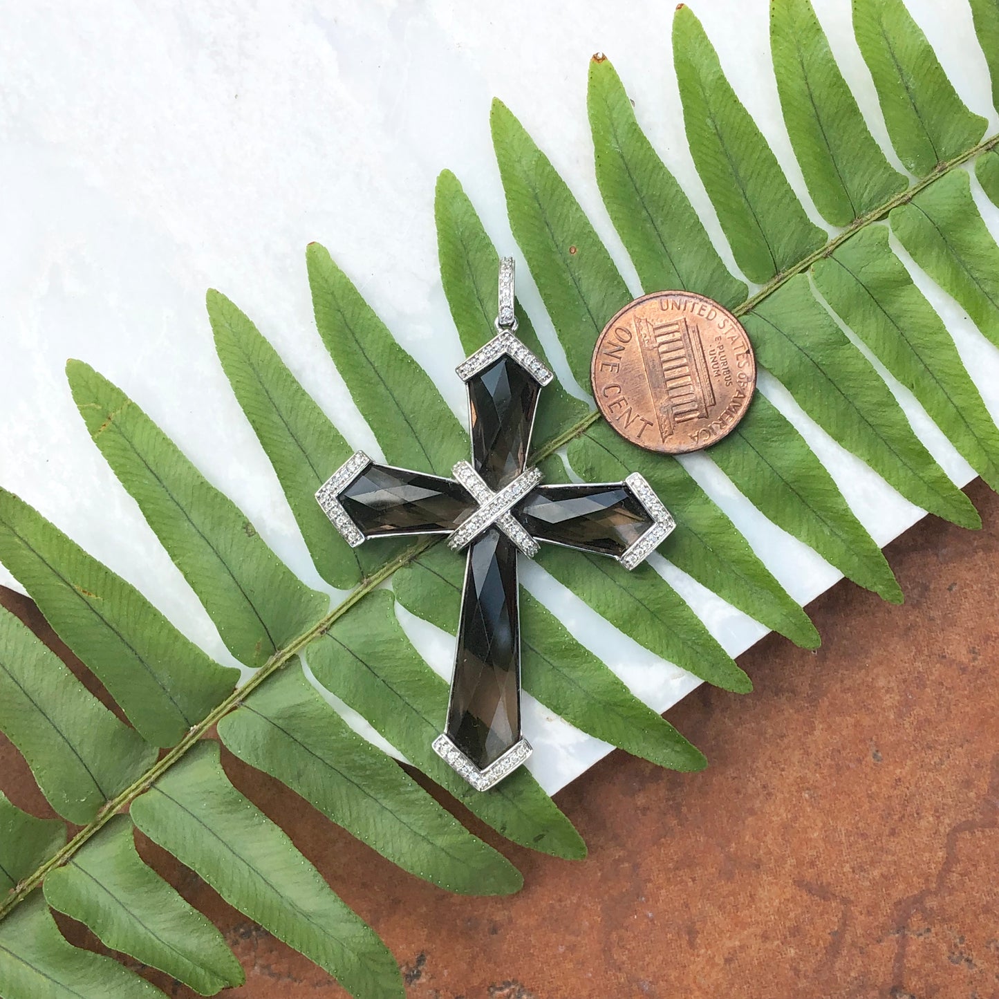 14KT White Gold Pave Diamond + Smokey Quartz Gemstone Latin Cross Pendant - Legacy Saint Jewelry