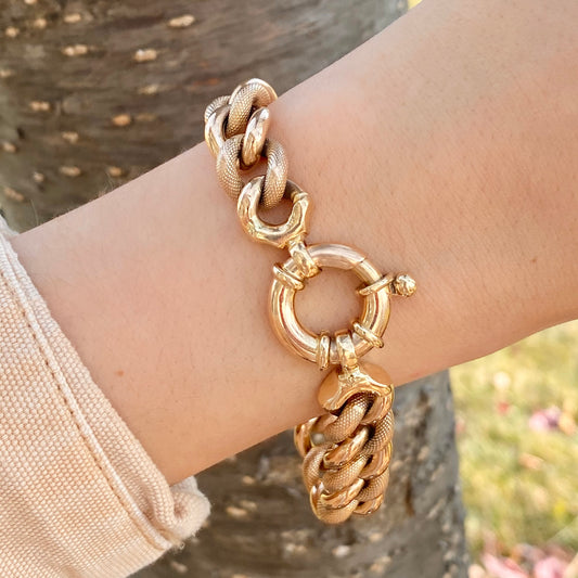 Estate 14KT Yellow Gold Textured Chunky Link Chain Bracelet