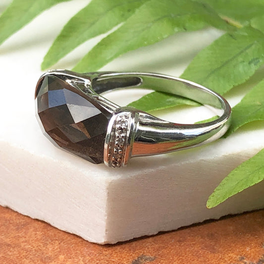 14KT White Gold Checkerboard Smokey Quartz + Diamond Ring, 14KT White Gold Checkerboard Smokey Quartz + Diamond Ring - Legacy Saint Jewelry