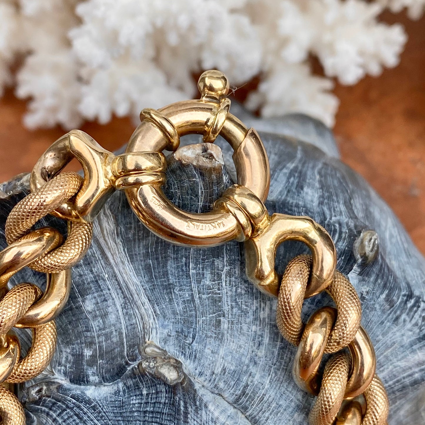 Estate 14KT Yellow Gold Textured Chunky Link Chain Bracelet