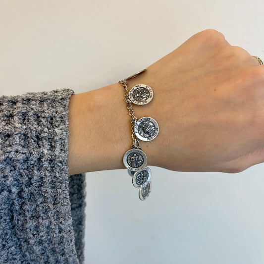 Sterling Silver Antiqued Patron Catholic Saints Medals Link Charm Bracelet 7.5"