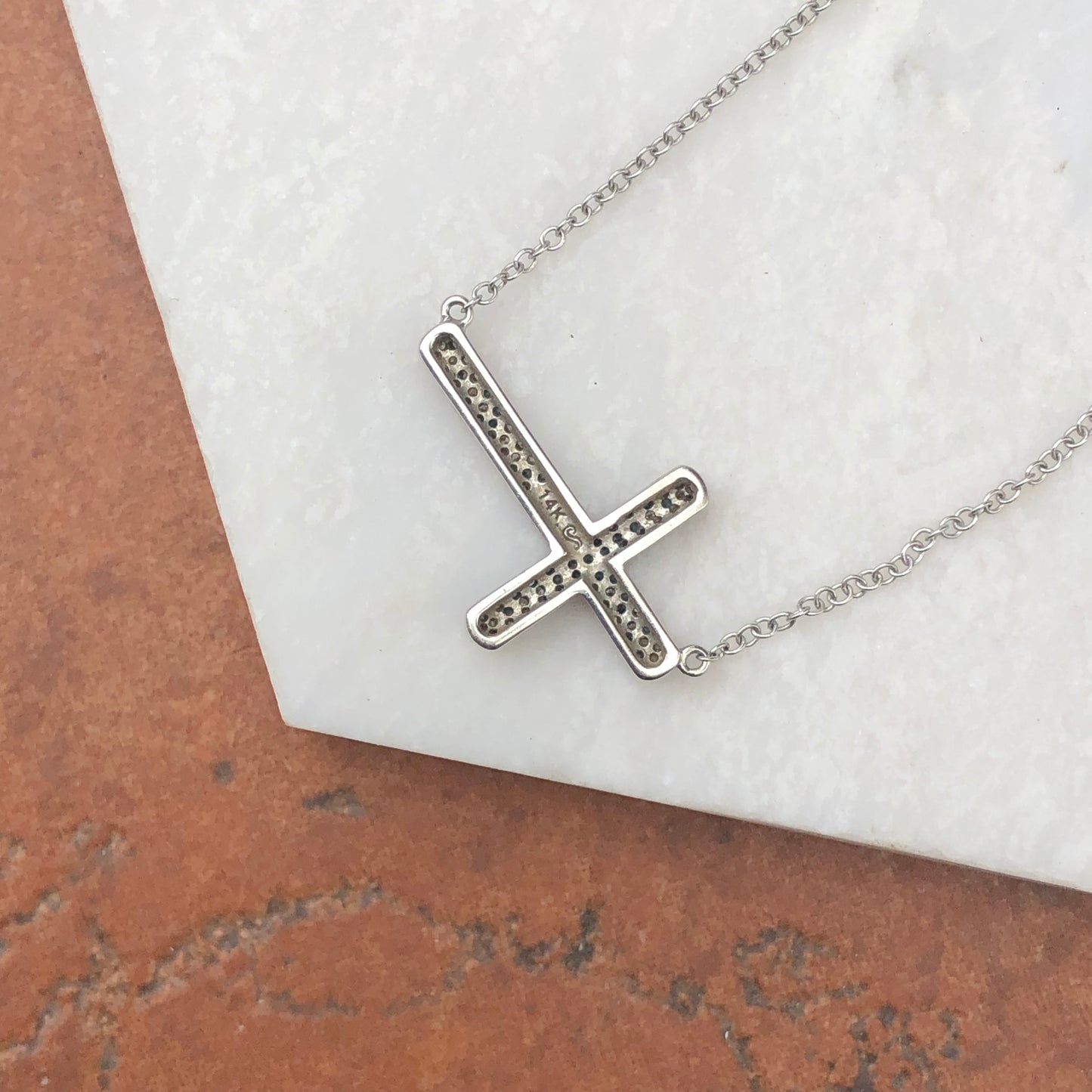 14KT White Gold Sideways Blue + White Diamond Cross Necklace - Legacy Saint Jewelry