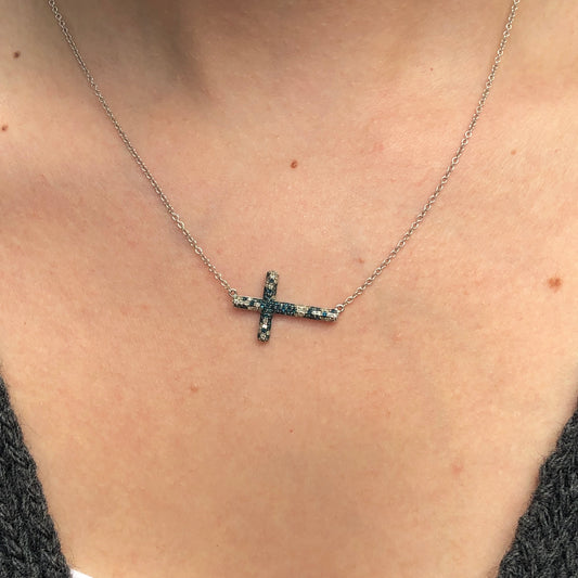 14KT White Gold Sideways Blue + White Diamond Cross Necklace - Legacy Saint Jewelry